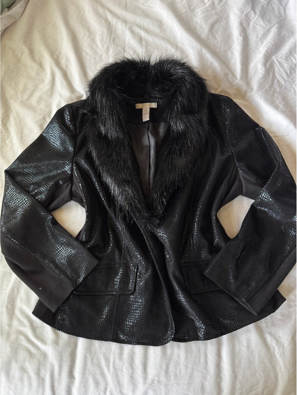 Chico's Black Faux Fur Collar Textured Blazer Jacket Size 3